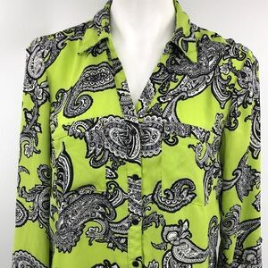NY Collection lime black paisley long sleeve blouse